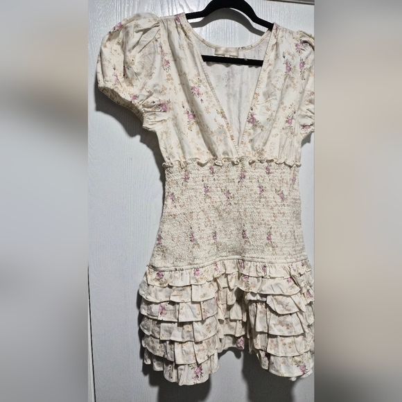 LoveShackFancy Radia Mini V-Neck Smocked Cream Floral Mini Dress Size M - Picture 4 of 9